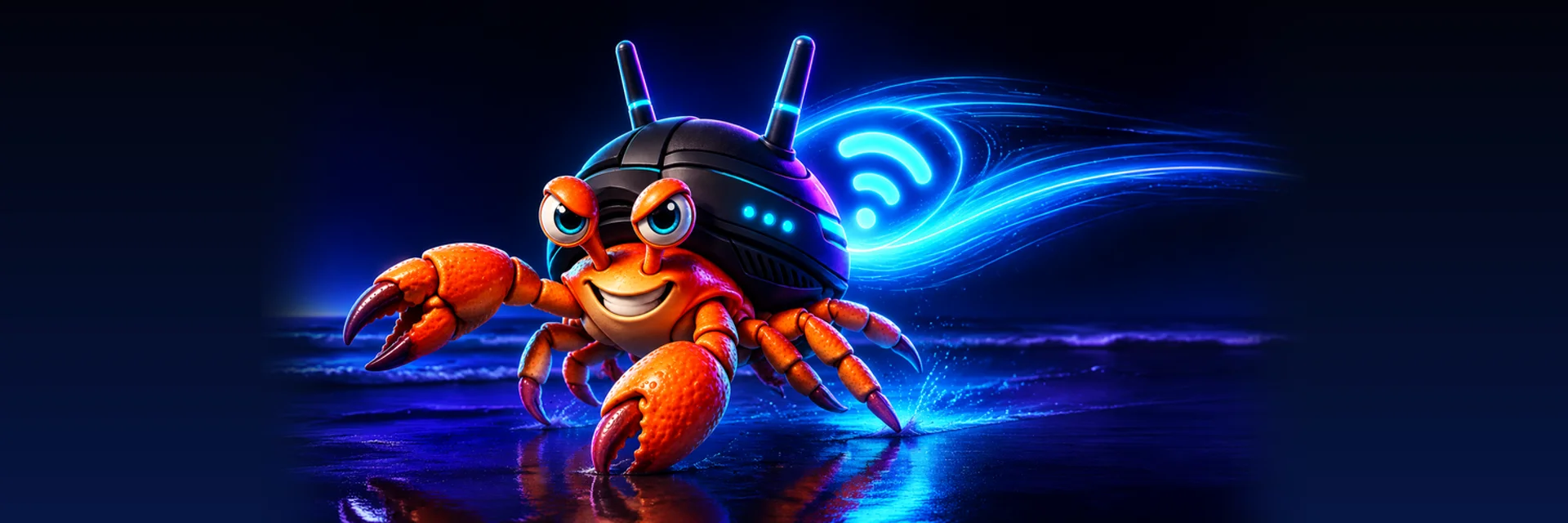 CRABAND racing across a neon shoreline, Wi-Fi trail streaming behind